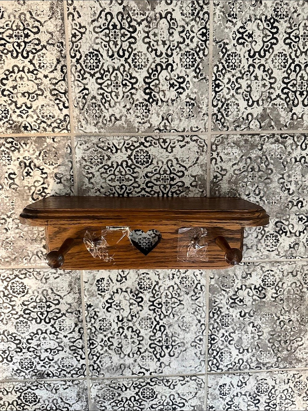 Wooden Wall Shelf with Hooks in Brown